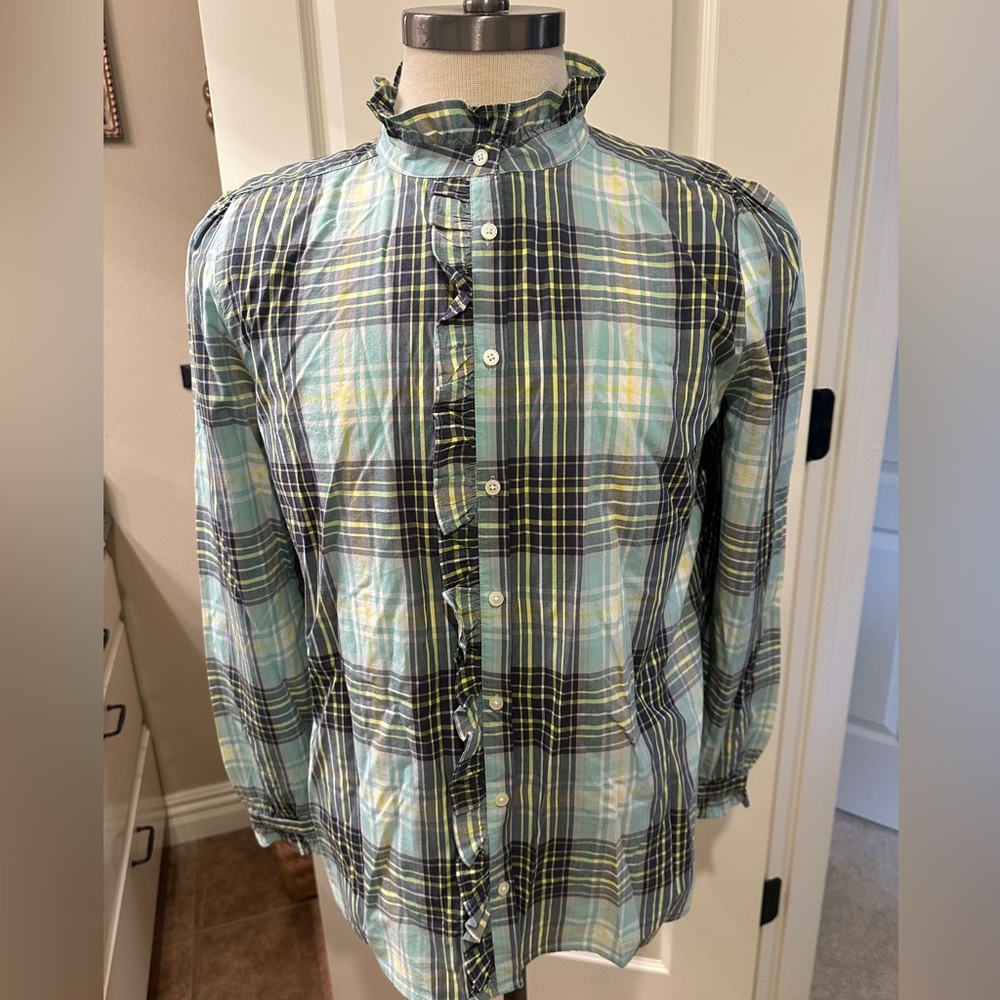Loft XL Cotton plaid button down ruffle top